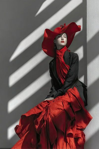 woman black and white with red accents by Egon Zitter