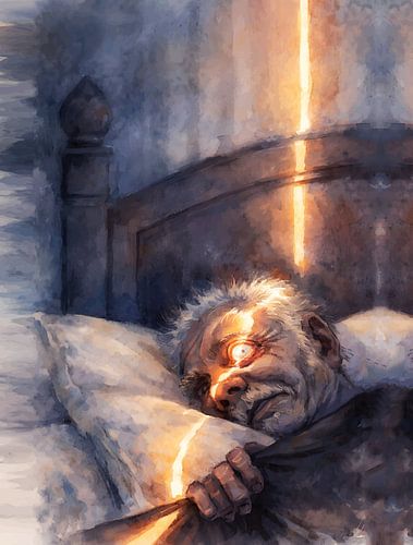 Une œuvre d'art représentant une fenêtre légèrement entrouverte qui perturbe le sommeil d'un homme âgé