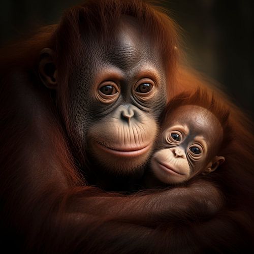 Moeder orang-oetan houdt liefdevol een baby vast