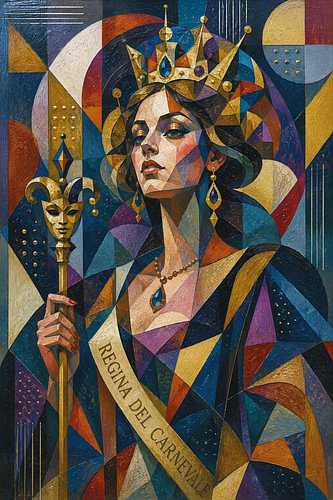 A colourful cubist painting of the Carnival Queen.