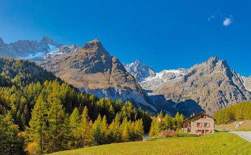 Haus mit wehender Schweizer Fahne auf der Aiguille de l'A Neuve, Val Ferret, La Fouly, Orsières, Wal von Rene van der Meer