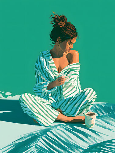 Ochtendkoffie in een gestreepte pyjama