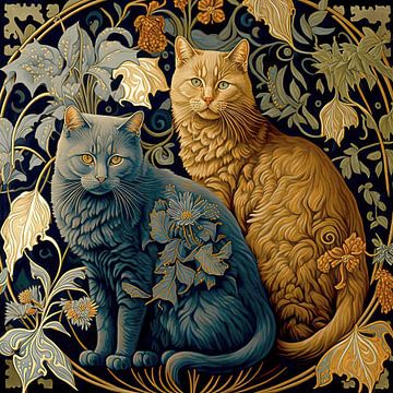 Rode en blauwe kat in bloemenmotief van Vlindertuin Art