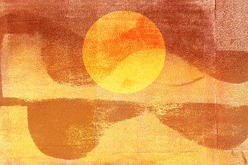Abstract minimalistisch landschapschilderij. Zonsondergang in geel en bruin van Dina Dankers