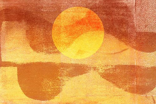 Abstract minimalistisch landschapschilderij. Zonsondergang in geel en bruin