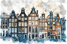 Amsterdamse Grachtenpanden in Mixed Media Fotografie en Waterverf van Roger VDB