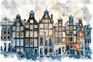 Amsterdamse Grachtenpanden in Mixed Media Fotografie en Waterverf van Roger VDB