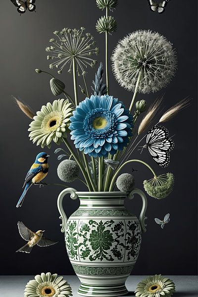 Stilleben mit grüner Vase, delfterblauen Blumen, Vögeln und Schmetterlingen - moderner Klassiker von Kleurenrijk