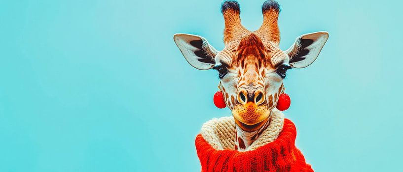 Giraffe with red scarf in front of a blue sky by Poster Art Shop