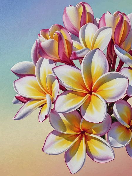 Plumeria Tropischer Sonnenuntergang Floral Botanische Kunst von coretan tangan