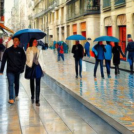 Einkaufsstraße im Regen, Barcelona Kombination AI Foto von Marianne van der Zee