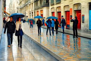 Rue commerçante sous la pluie, Barcelone combinaison AI Photo sur Marianne van der Zee