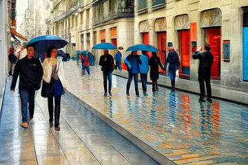 Einkaufsstraße im Regen, Barcelona Kombination AI Foto