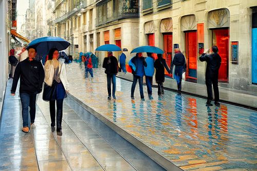 Winkelstraat in Barcelona met regen, als modern schilderij