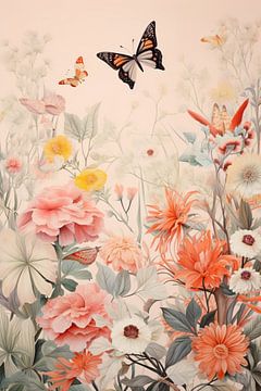 Papillons en fleurs sur Peinture Abstraite