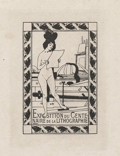 Femme nue à côté d'une lithographie, Auguste Roedel, 1895