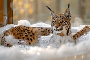 Relaxed Eurasian lynx in the bathtub - a fascinating work of bathroom art for your toilet by Felix Brönnimann