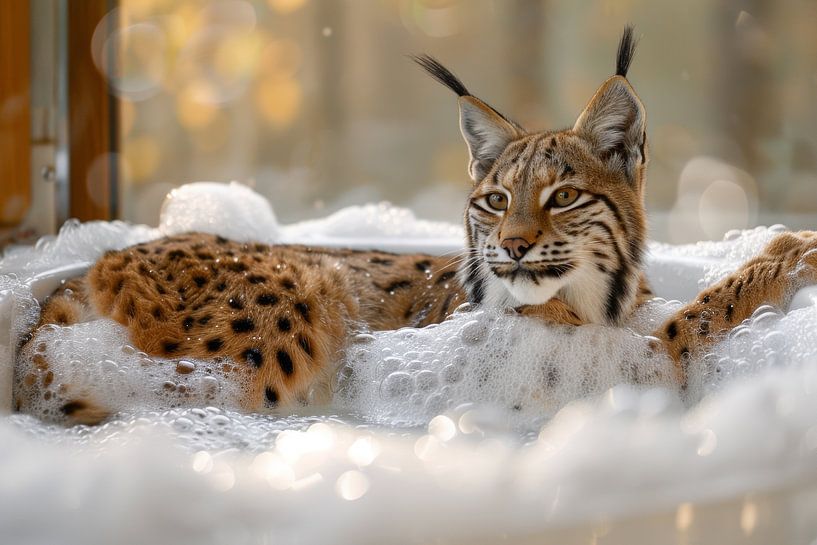 Relaxed Eurasian lynx in the bathtub - a fascinating work of bathroom art for your toilet by Poster Art Shop