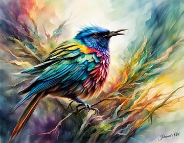 Prachtige vogels van de wereld - Veelkleurige Rush Tyrant vogel2 van Johanna's Art