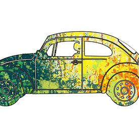 Volkswagen Beetle cutout with green yellow paint splash pattern by Jan-Loek Siskens