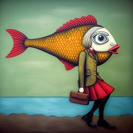 Eine anthropomorphe gelbe Fischfrau mit Tasche von Laila Bakker