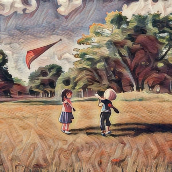 Meisje en jongen aan het vliegeren van Emiel de Lange