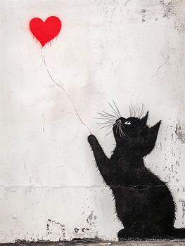Banksy Stil Street Art Katze mit Herz