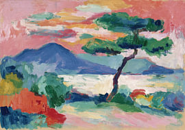 Expressionistische Landschaft mit Baum und Bergen von Niklas Maximilian