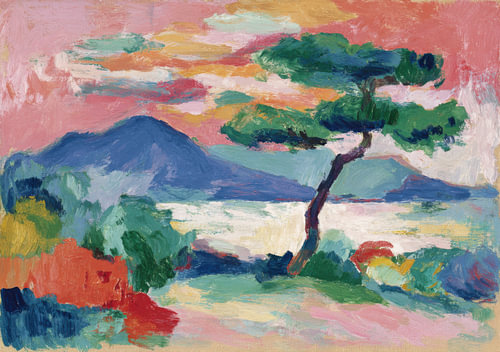 Expressionist landscape with a tree and mountains