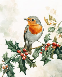 Un rouge-gorge sur une branche de houx dans une aquarelle hivernale