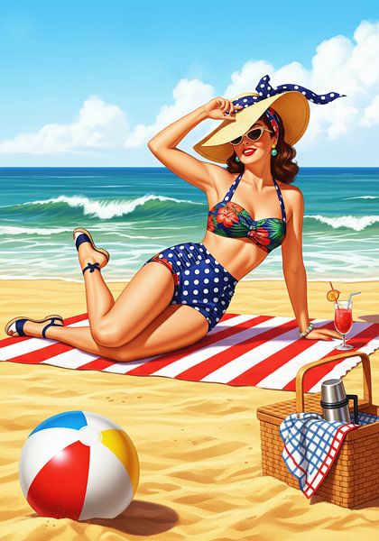 Vrouw op strand met bikini, deken en picknickmand Illustrat van Markus Gann