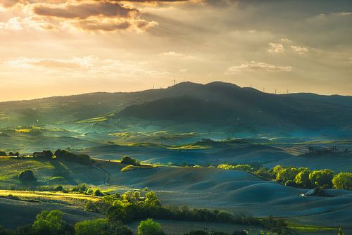 Coucher de soleil sur les collines et les arbres de Volterra.