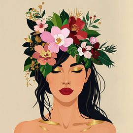 Frauenporträt mit üppigen Blumen im Haar und goldenen Details von Studio Pieternel