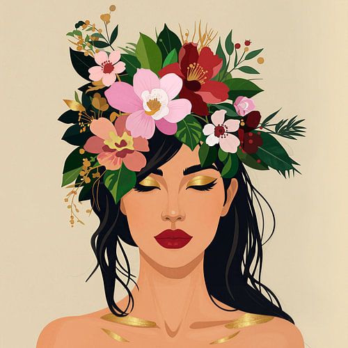Frauenporträt mit üppigen Blumen im Haar und goldenen Details