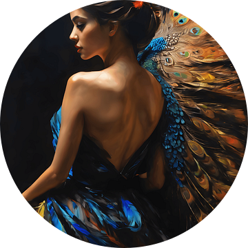 Een portret van een vrouw met een jurk gemaakt van pauwenveren van Jolique Arte