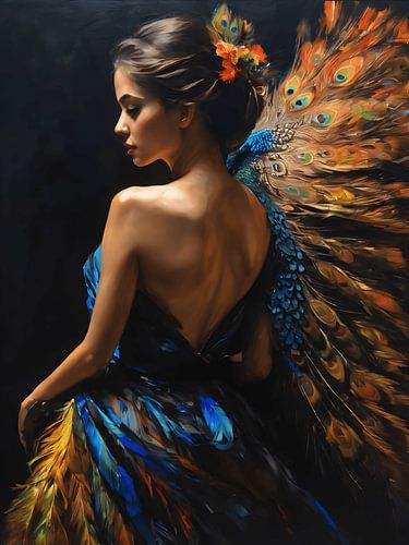 Een portret van een vrouw met een jurk gemaakt van pauwenveren van Jolique Arte
