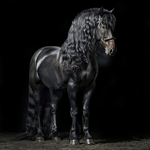 Statig portret van zwart Fries paard