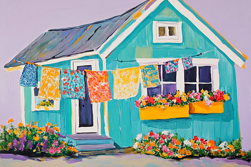 Kleurrijk huis met waslijn en bloemen