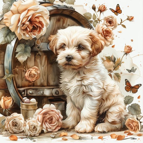 dogs-cats-birds-wine-barrel-butterflies-flowers by Gelissen Artworks