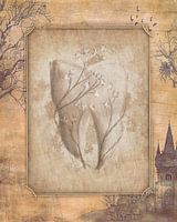 Surreales Gemälde mit Zahn und Blumen, im antiken vintage Stil