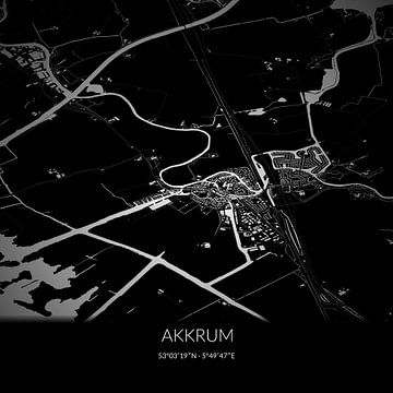 Zwart-witte landkaart van Akkrum, Fryslan. van Rezona