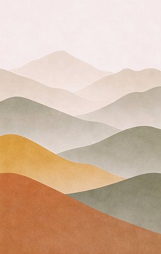 Minimalistische, abstrakte Illustration einer Berglandschaft mit erdig strukturierten Hügeln