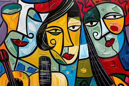 Portrait cubiste de musiciens avec des instruments