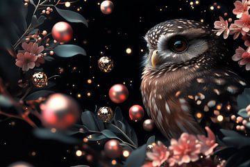 Verlichte Wijsheid - Uil tussen Bloesems en Glinsterende Ornamenten van Eva Lee