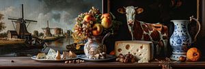 Nature morte panoramique hollandaise avec vache et fromage