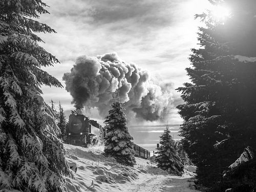 De Brockenbahn op weg naar de Brocken (zwart/wit)