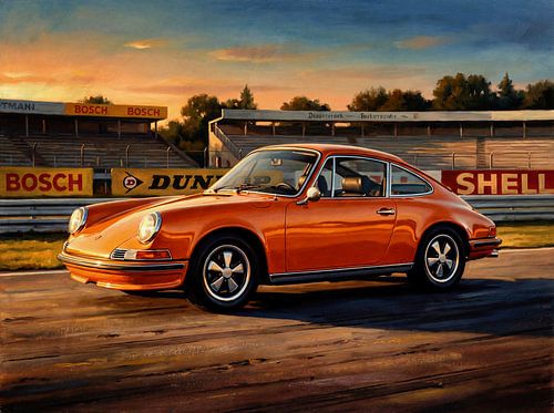 Vintage oranje Porsche 911 racebaan schilderij