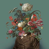 Portret van een man met een boeket bloemen (groengrijs / vierkant)