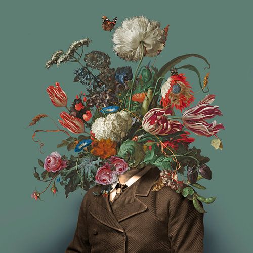 Portrait d'un homme avec un bouquet de fleurs (vert gris / carré) sur toon joosen