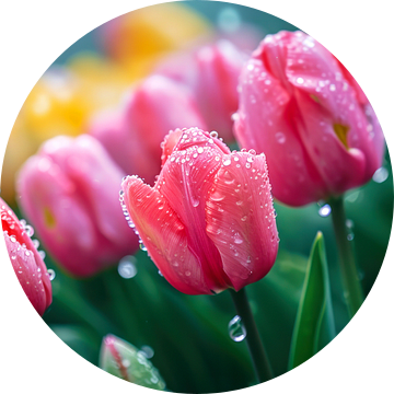 Dauwdruppels op Roze Tulpen van Vlindertuin Art